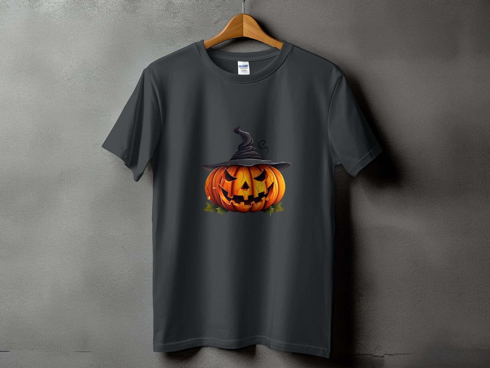 Dark gray t-shirt with a Jack-o'-lantern wearing a witch hat graphic.