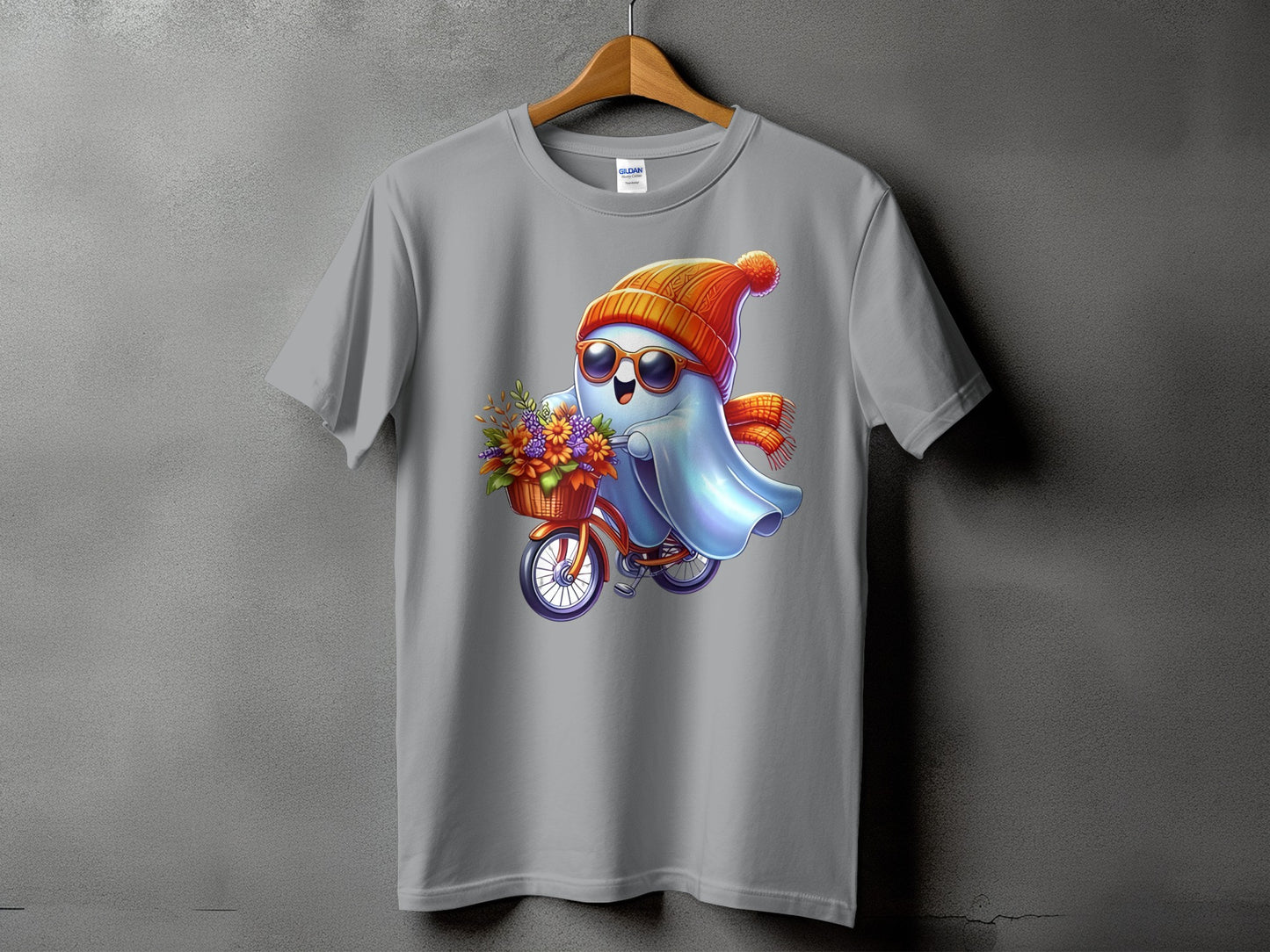 Cute ghost riding a bicycle with flowers in a basket.