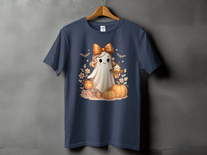 Dark blue t-shirt with a cute ghost character holding a pumpkin and a drink.