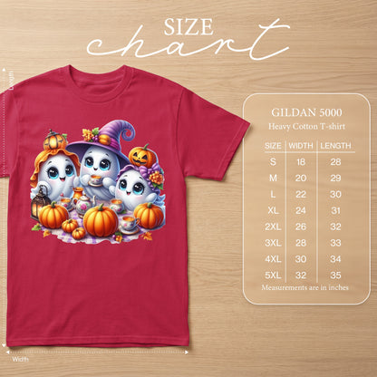 Red Gildan 5000 Heavy Cotton t-shirt with cute ghost Halloween graphic and size chart.