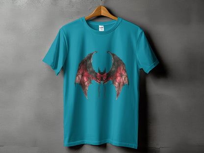 Teal t-shirt with a graphic of large, detailed bat wings with a red bow.
