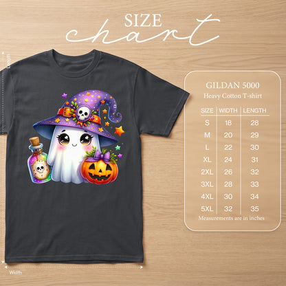 Dark grey t-shirt with a cute ghost graphic and Gildan 5000 size chart.