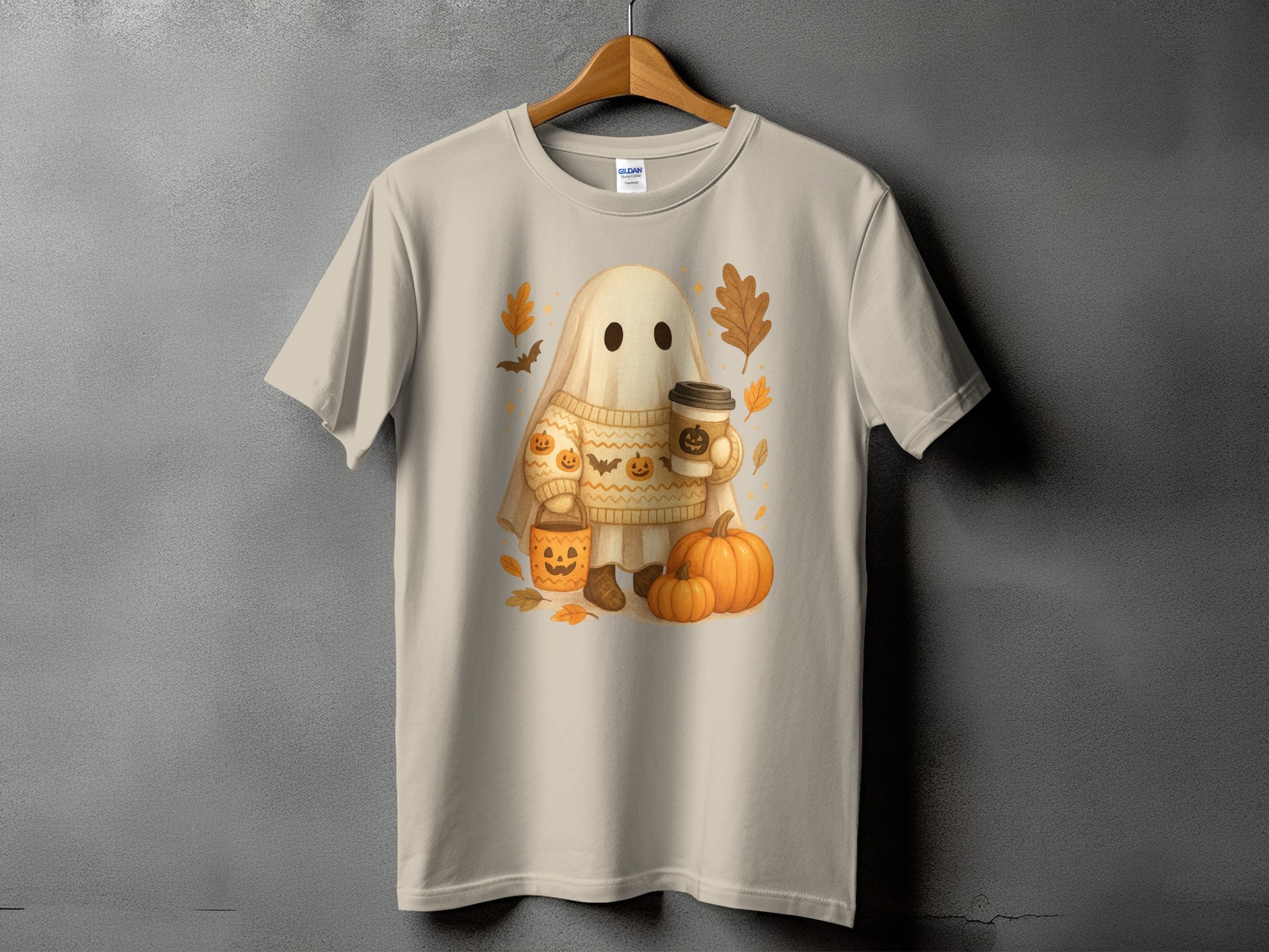 Ghost wearing a sweater holding coffee, pumpkin bucket, and pumpkins.