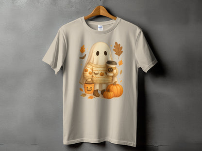 Ghost wearing a sweater holding coffee, pumpkin bucket, and pumpkins.