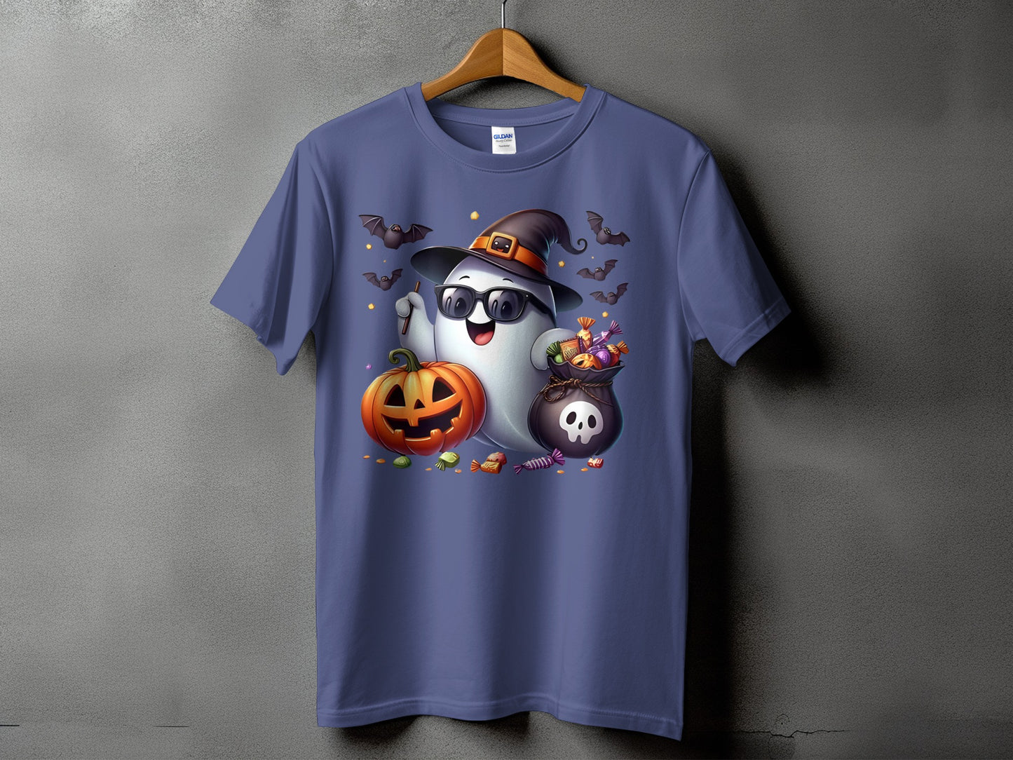 Ghost with sunglasses, witch hat, pumpkin, candy bag, and bats on a purple t-shirt.