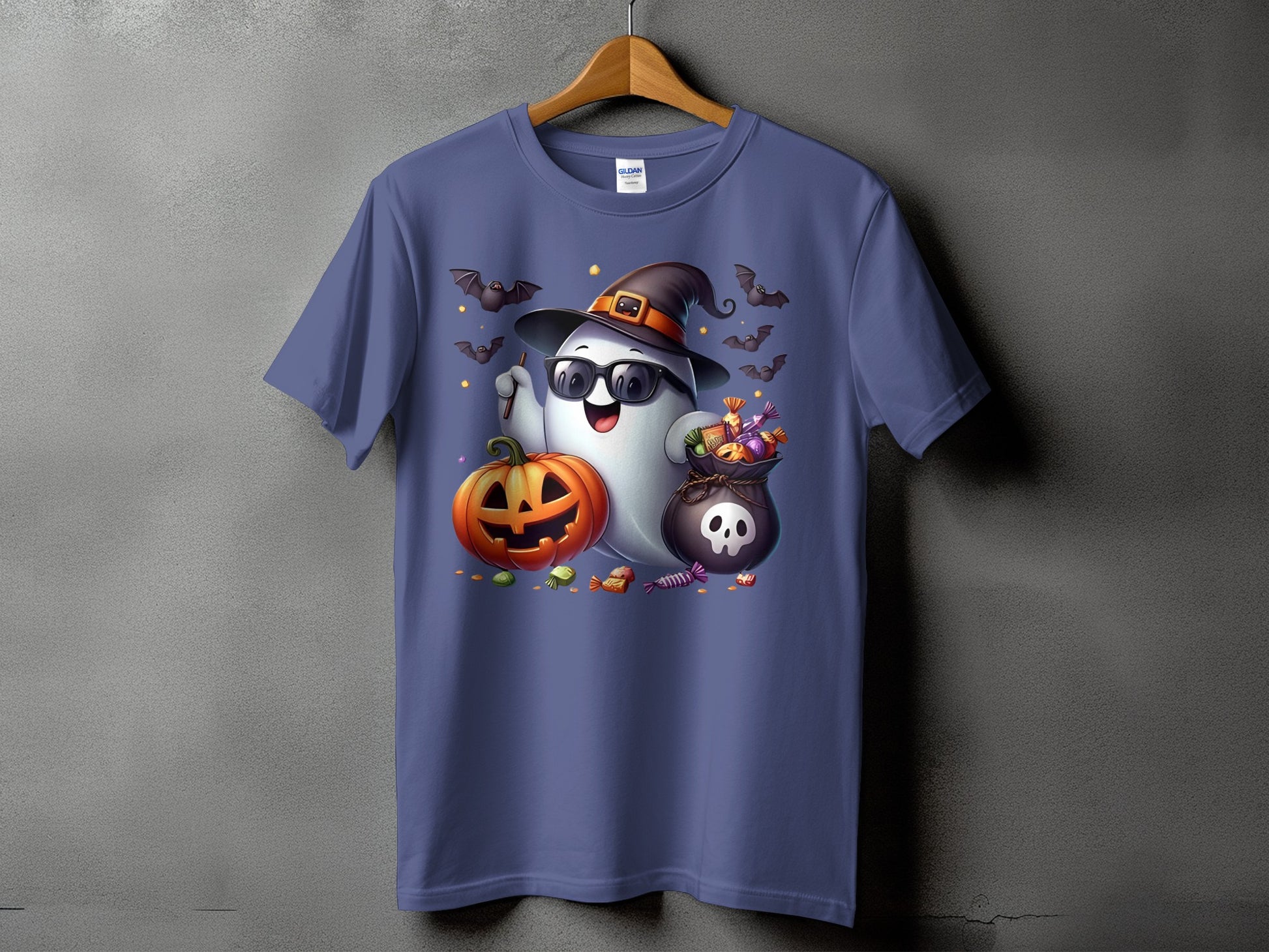 Ghost with sunglasses, witch hat, pumpkin, candy bag, and bats on a purple t-shirt.