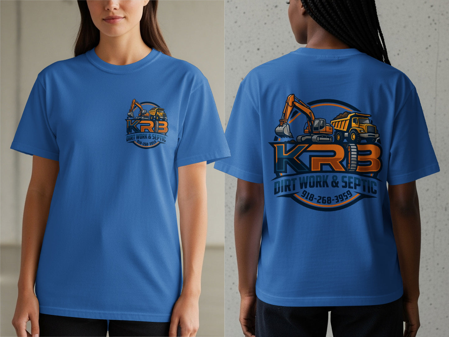 Blue t-shirt with KRB Dirt Work & Septic logo featuring excavator and dump truck.