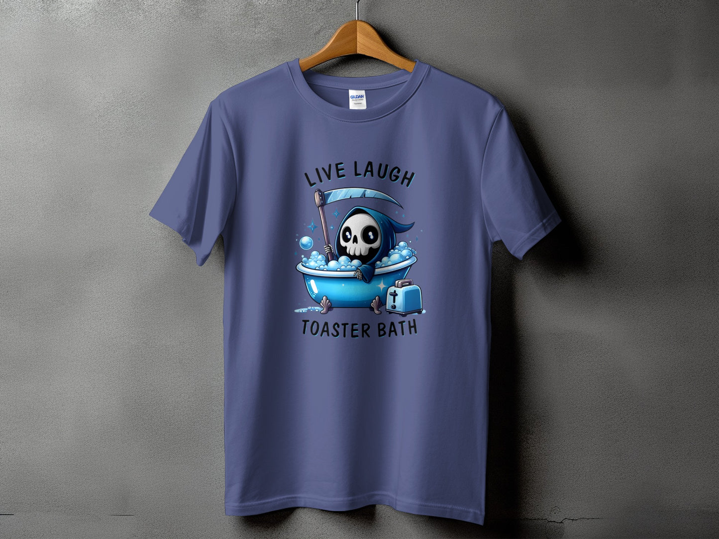T-shirt with grim reaper in bathtub graphic and text "Live Laugh Toaster Bath".