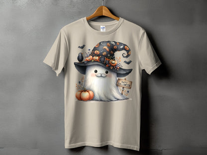 Ghost with witch hat, pumpkins, bats, and "Happy Halloween" sign on a t-shirt.