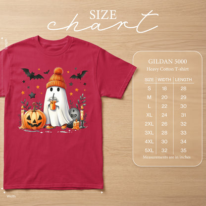 Ghost in beanie holding drink, pumpkin, candles, bats, and size chart.
