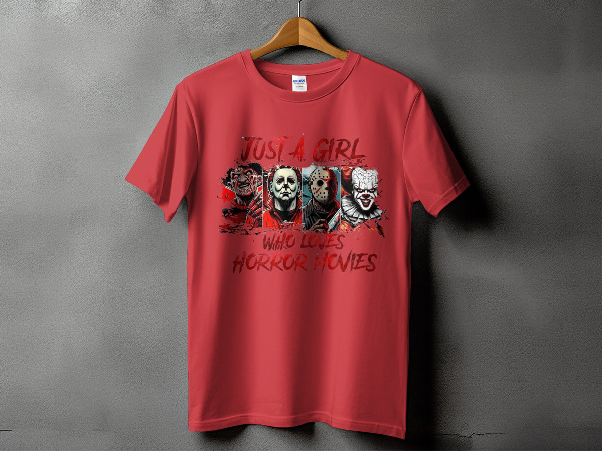 Red t-shirt with "Just a Girl Who Loves Horror Movies" and horror characters.