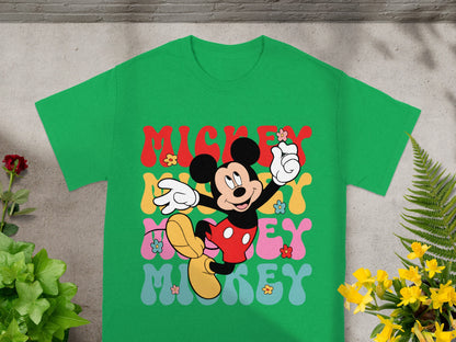 Green t-shirt with Mickey Mouse and "Mickey Mickey" text and flowers.