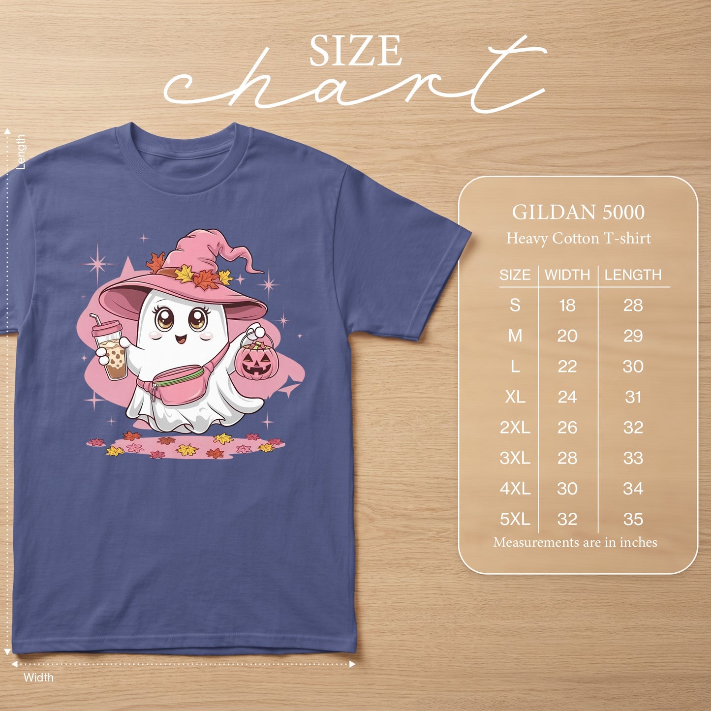 Size chart for Gildan 5000 Heavy Cotton T-shirt showing size, width, and length.