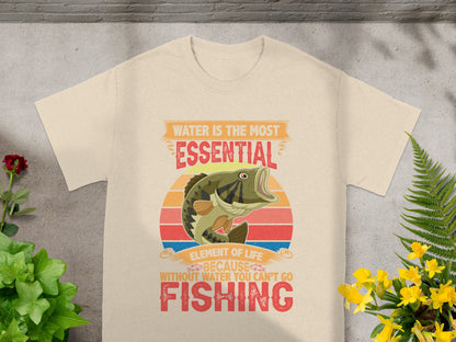 T-shirt graphic with bass fish and text "Water is the most essential element of life".