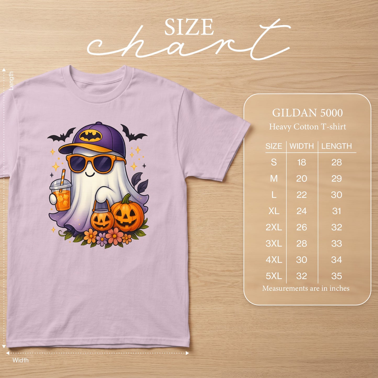 Light purple t-shirt with cartoon ghost graphic and Gildan 5000 size chart.