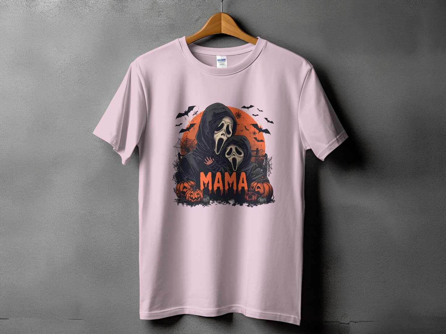 Pink t-shirt with "Mama" text and Ghostface-style figures with pumpkins.