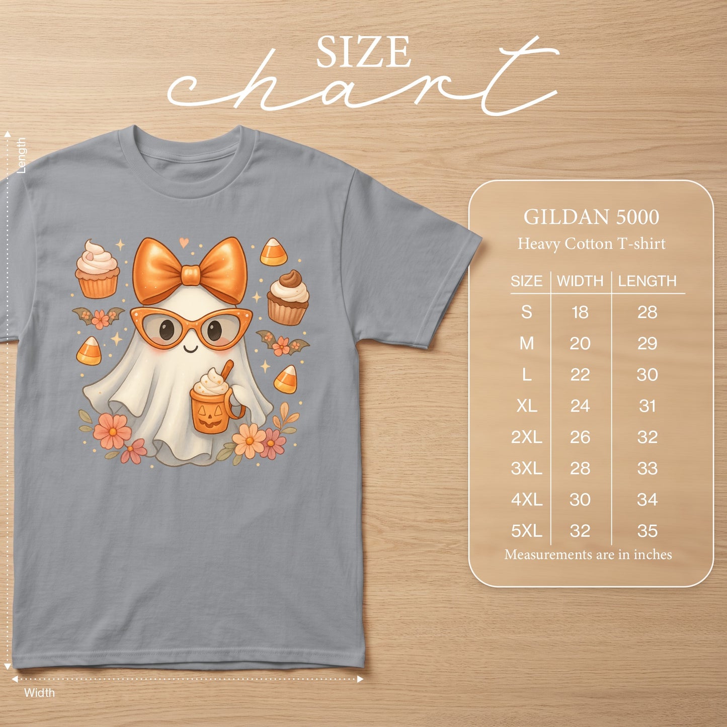 Gray t-shirt with cute ghost graphic, size chart for Gildan 5000.