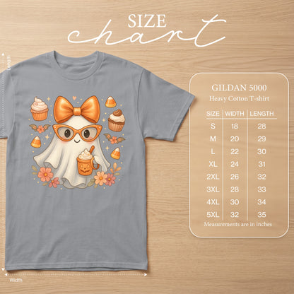Gray t-shirt with cute ghost graphic, size chart for Gildan 5000.