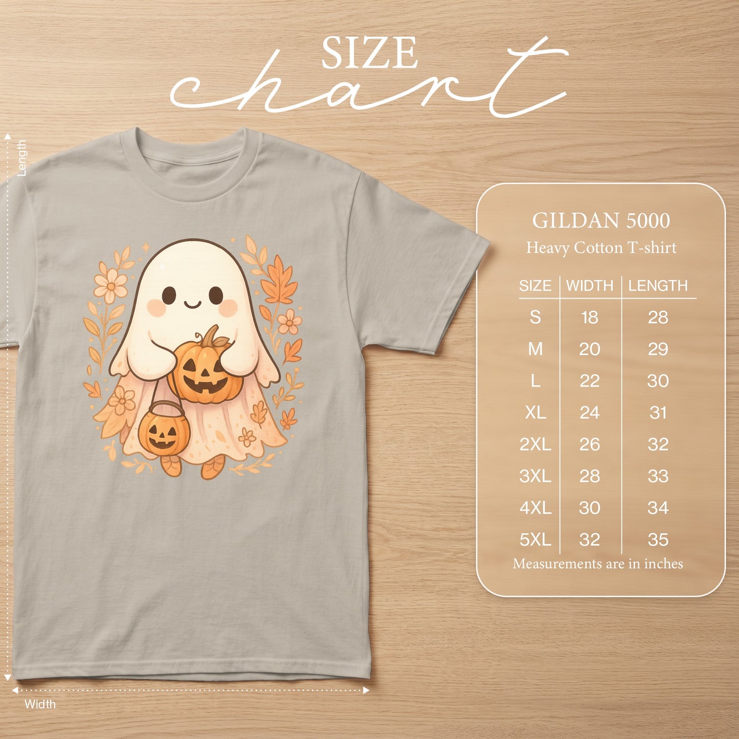 Gray Gildan 5000 heavy cotton t-shirt with cute ghost and pumpkin design. Includes size chart.