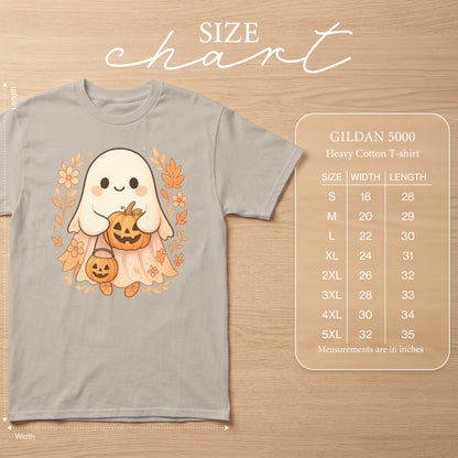 Gray Gildan 5000 heavy cotton t-shirt with cute ghost and pumpkin design. Includes size chart.