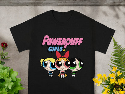 Black t-shirt with The Powerpuff Girls cartoon characters and logo.