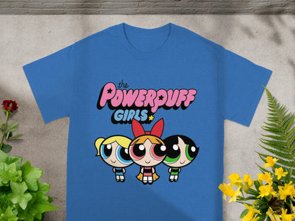 The Powerpuff Girls graphic on a royal blue t-shirt.