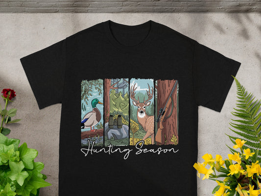 Black t-shirt with "Hunting Season" text and illustrations of a duck, binoculars, deer, and rifle.