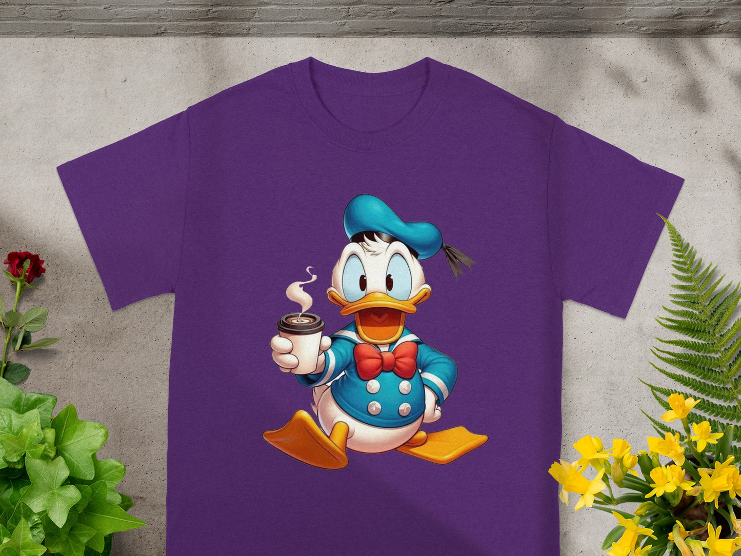 Donald Duck in blue sailor outfit holding a coffee cup.