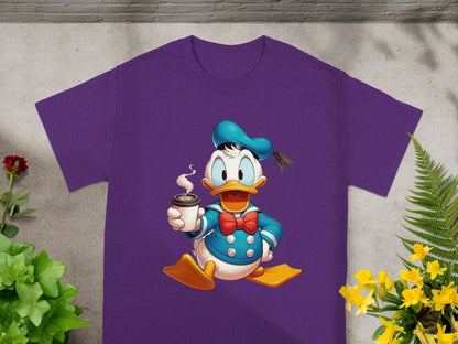 Donald Duck in blue sailor outfit holding a coffee cup.