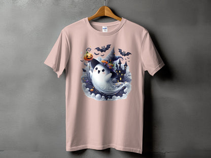 Pink t-shirt with a cute ghost wearing a witch hat and holding a pumpkin.