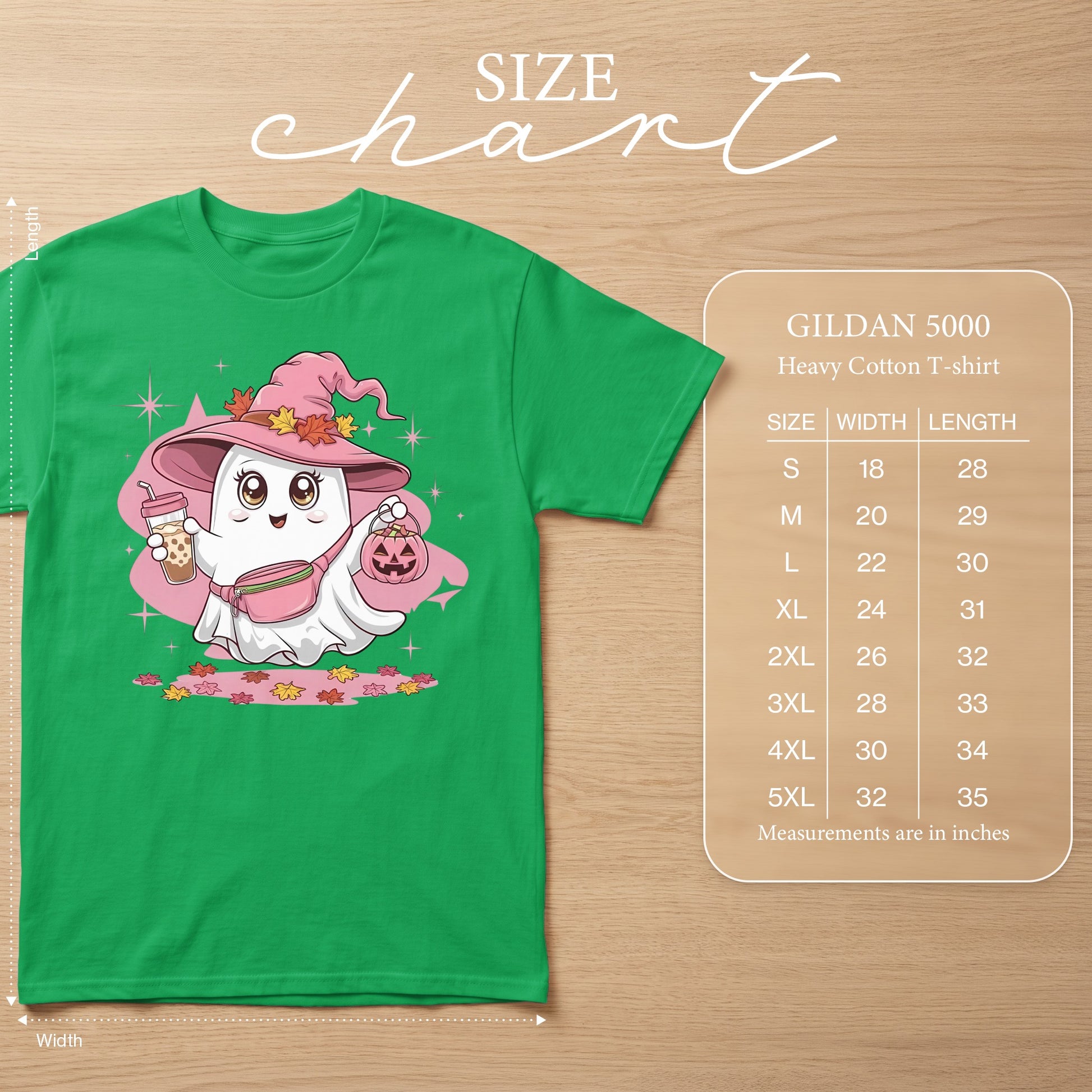 Green t-shirt featuring a cartoon ghost wearing a witch hat and holding a boba tea and pumpkin. Size chart included.
