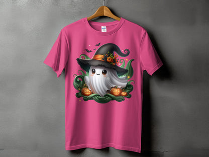 Pink t-shirt with cute ghost, witch hat, pumpkins, bats, and stars design.