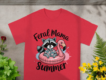 Feral Mama Summer Raccoon Flamingo Design T-Shirt