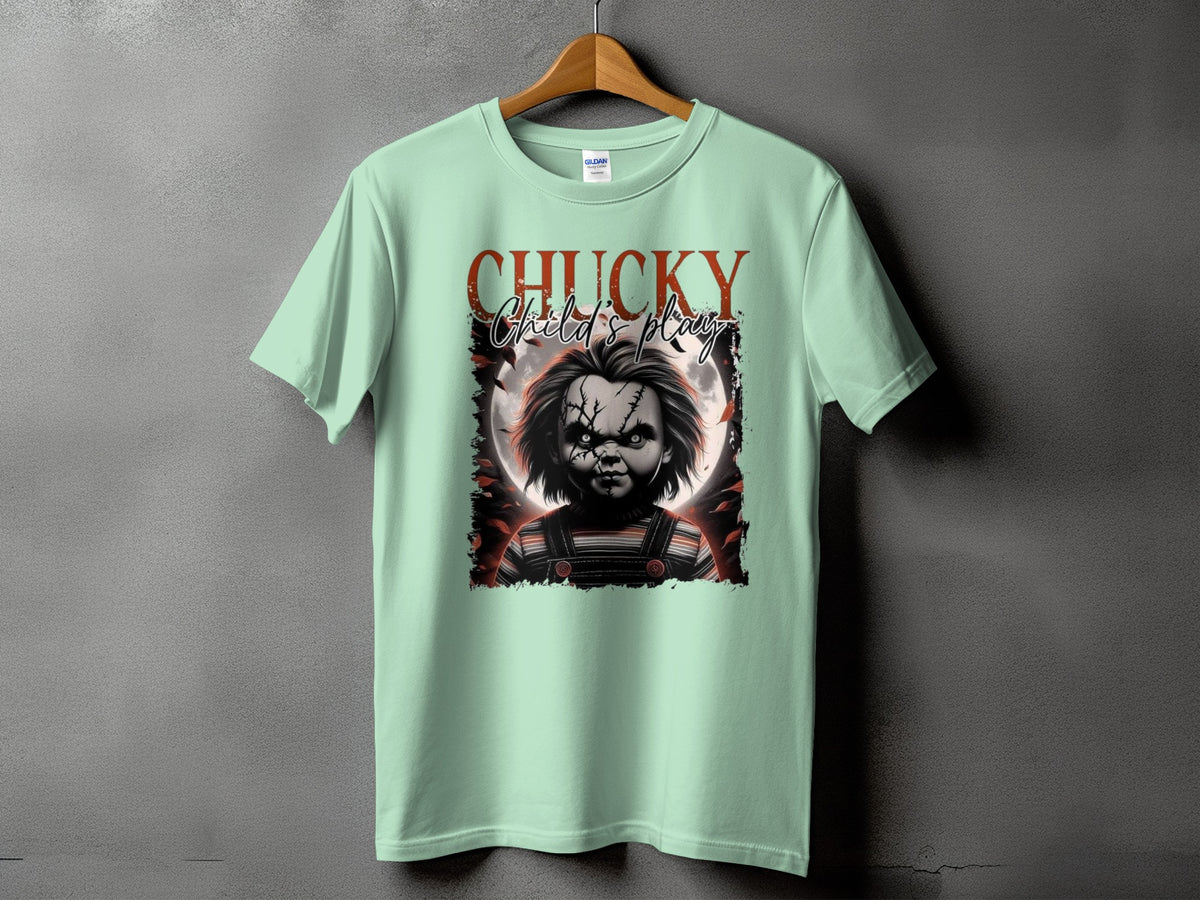 Light green t-shirt with Chucky's face and "Chucky Child's Play" text.