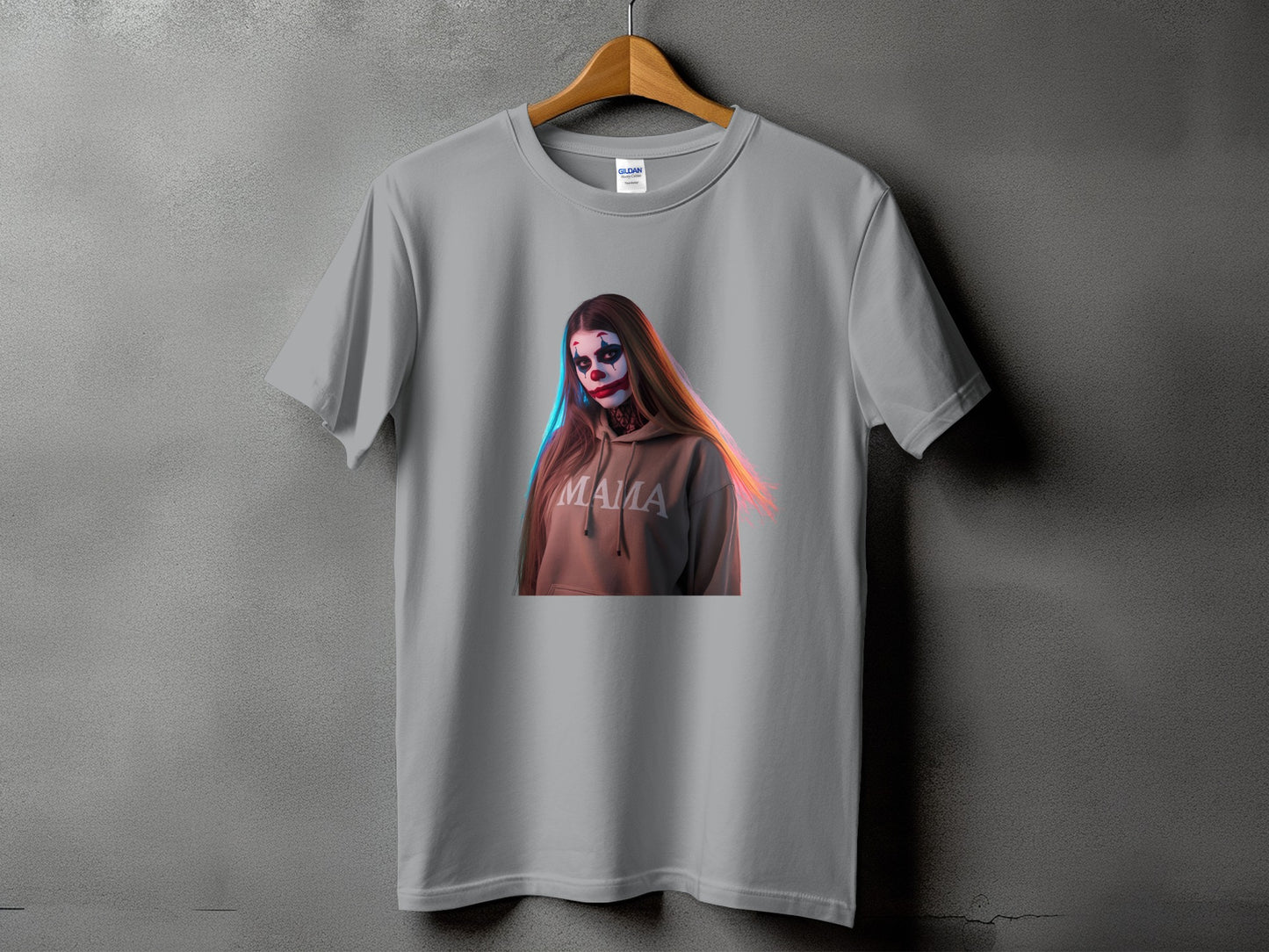 T-shirt with printed graphic of a person in clown makeup and the word "MAMA".