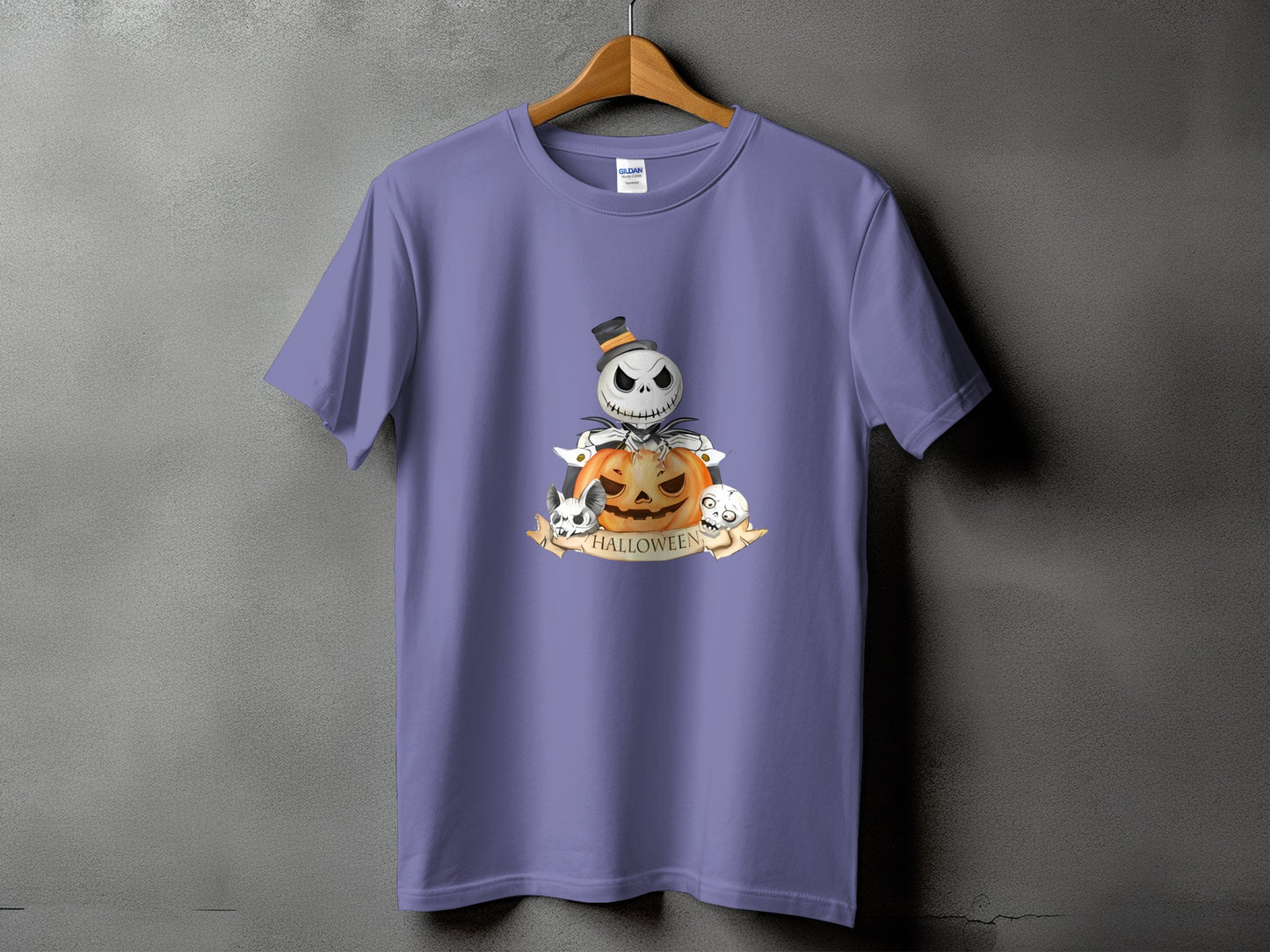 Purple t-shirt with Jack Skellington, pumpkin, and skulls Halloween graphic.
