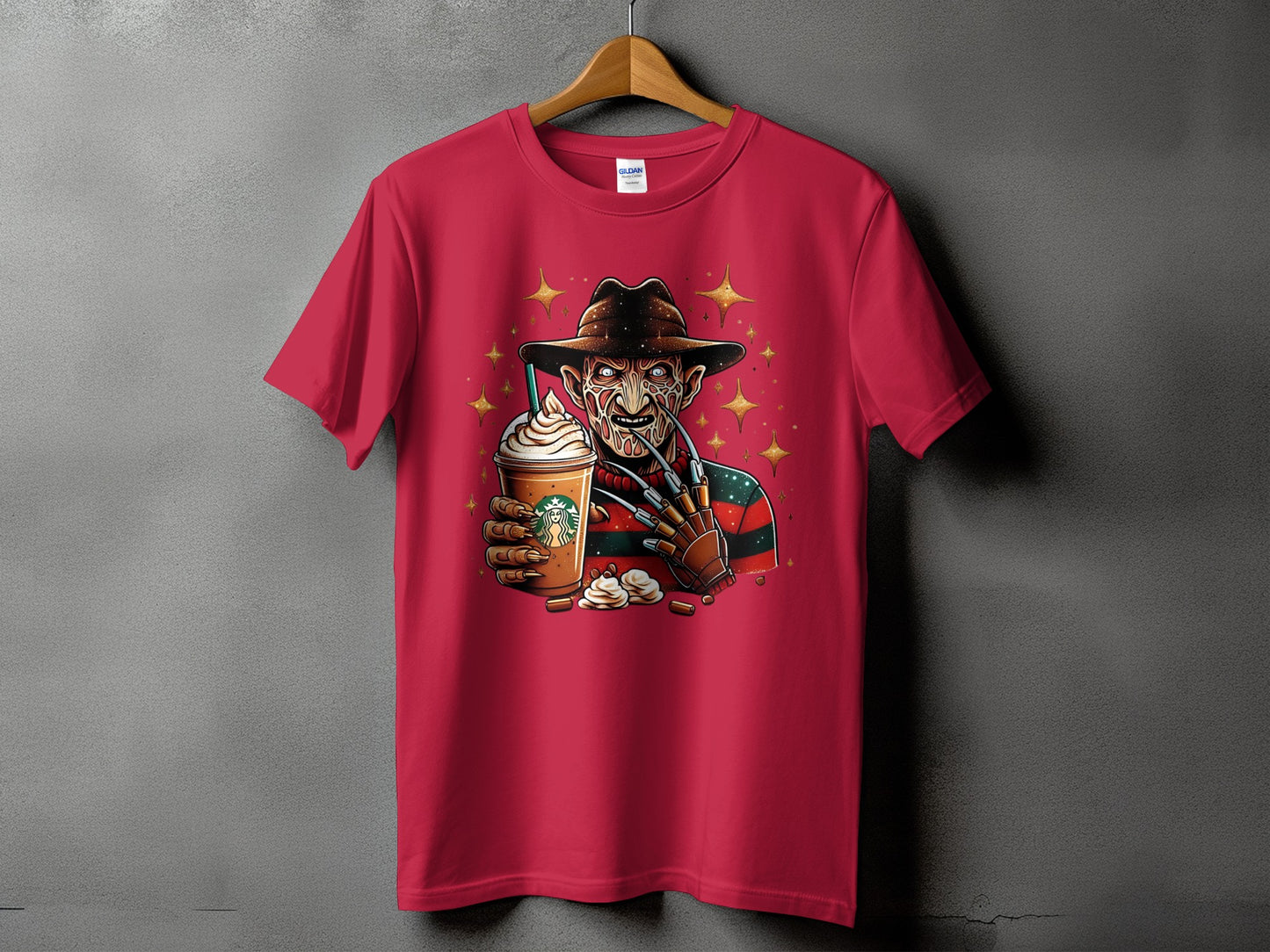 Freddy Krueger holding a Starbucks Frappuccino with whipped cream.