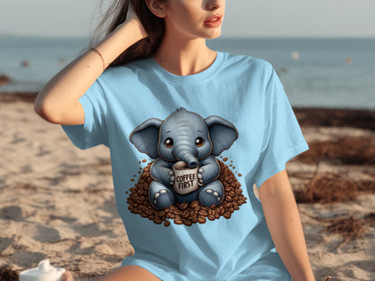 Adorable Elephant Drinking Coffee T-Shirt for Cafelovers