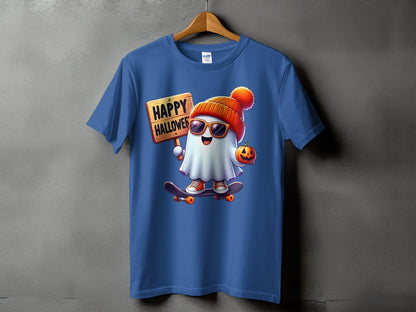 Blue t-shirt with a cartoon ghost wearing a hat and sunglasses, holding a pumpkin and sign.