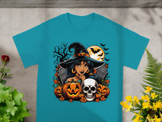 Halloween graphic of a witch with pumpkins, a skull, and gravestones under a full moon.