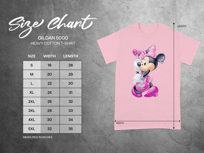 Minnie Mouse Guitar Pink T-Shirt Gildan 5000 Size Chart product type