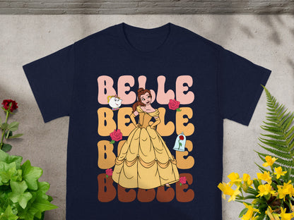 Belle in yellow dress with roses and Chip on navy t-shirt.