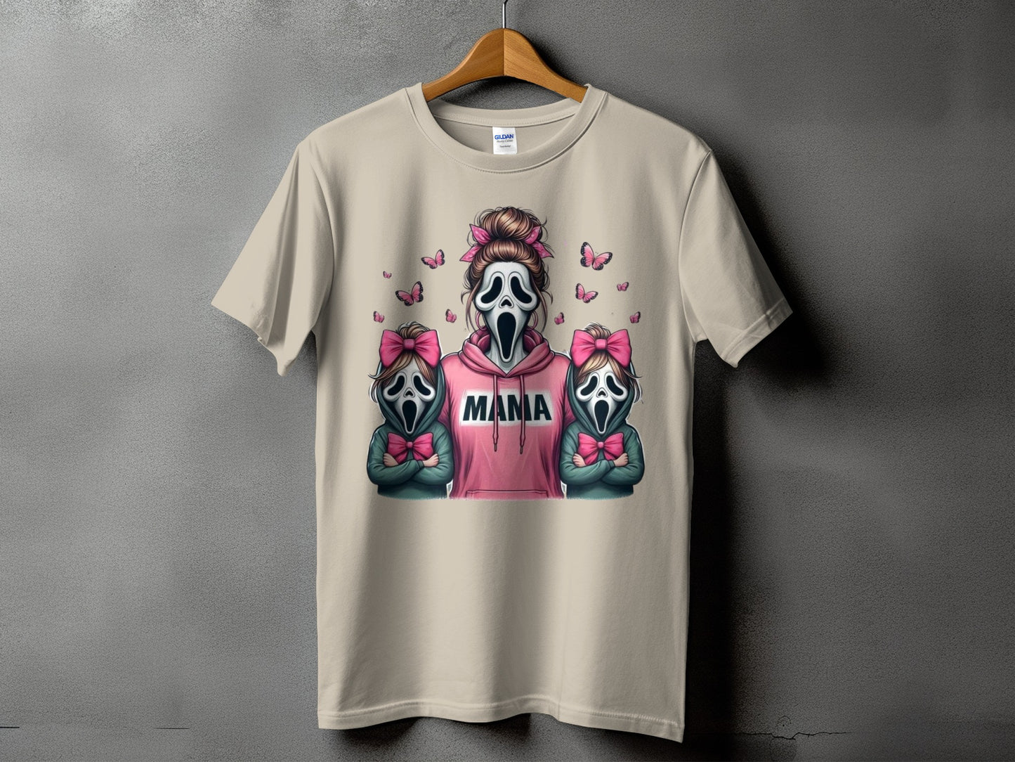 T-shirt with a graphic of three masked figures and the word "MAMA".