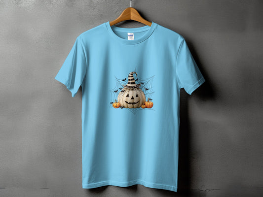 Light blue t-shirt with Halloween pumpkin, smaller pumpkins, bats, and cobwebs graphic.