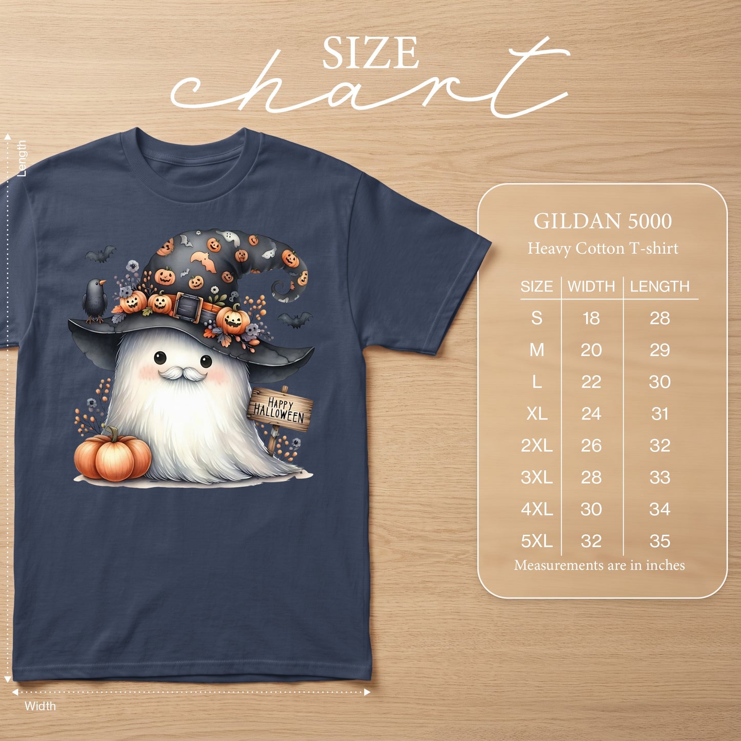 Navy t-shirt with a cute ghost wearing a witch hat and holding a "Happy Halloween" sign.