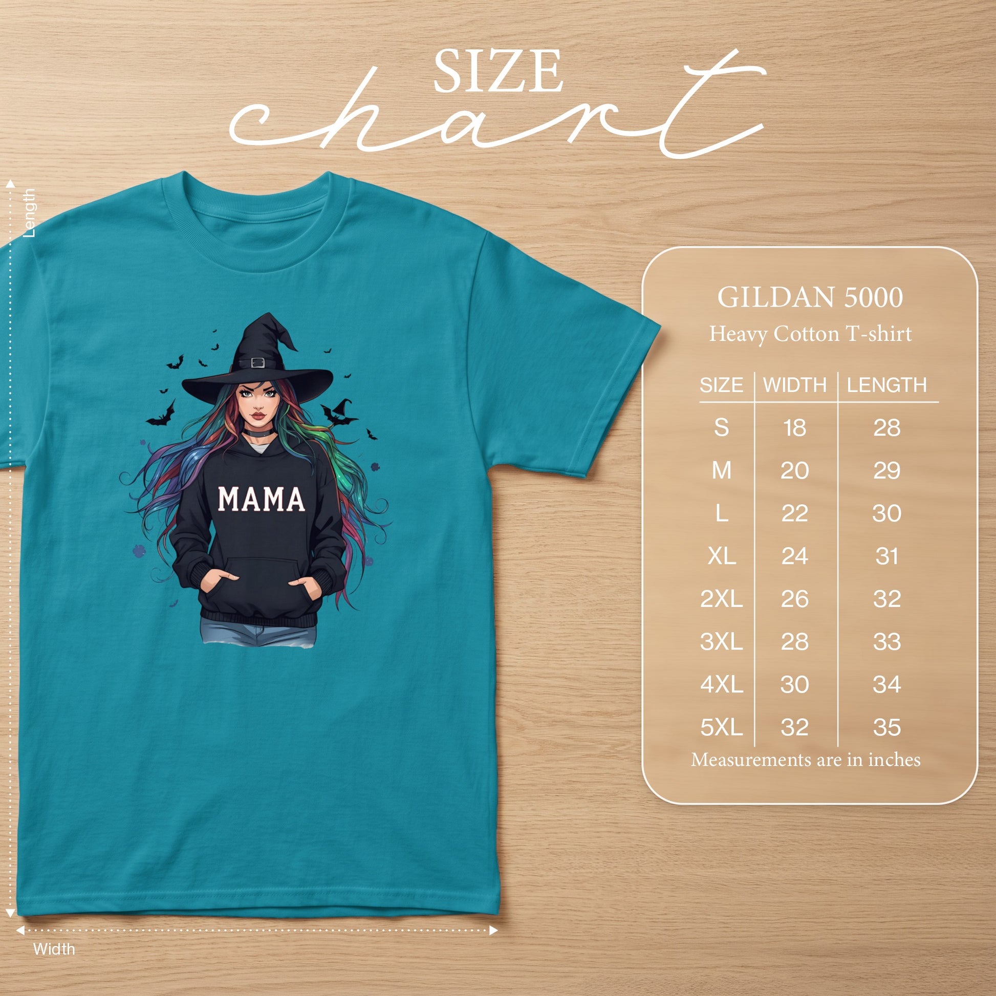 Teal t-shirt with graphic of witch wearing "MAMA" hoodie and size chart.