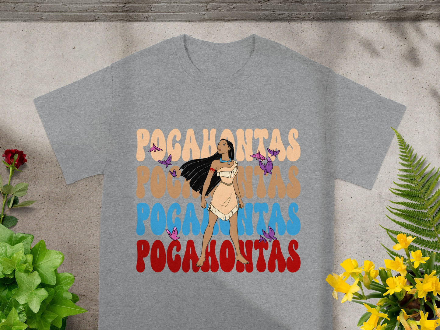 Grey t-shirt with Pocahontas graphic and butterflies.