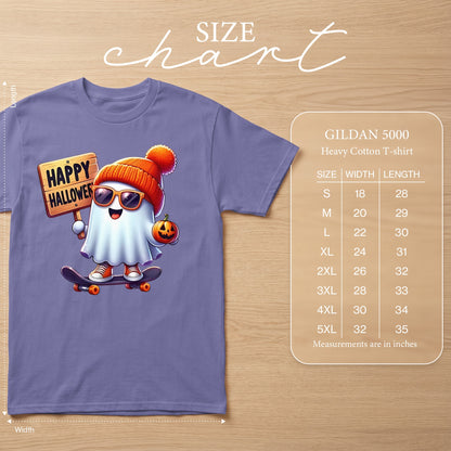 Gildan 5000 size chart with a cartoon ghost on a skateboard.