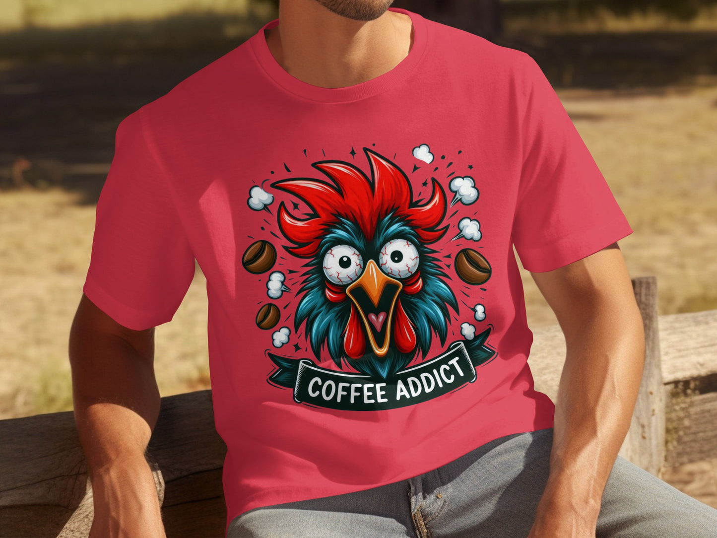 Coffee Addict Rooster Graphic Shirt for Coffee Lovers