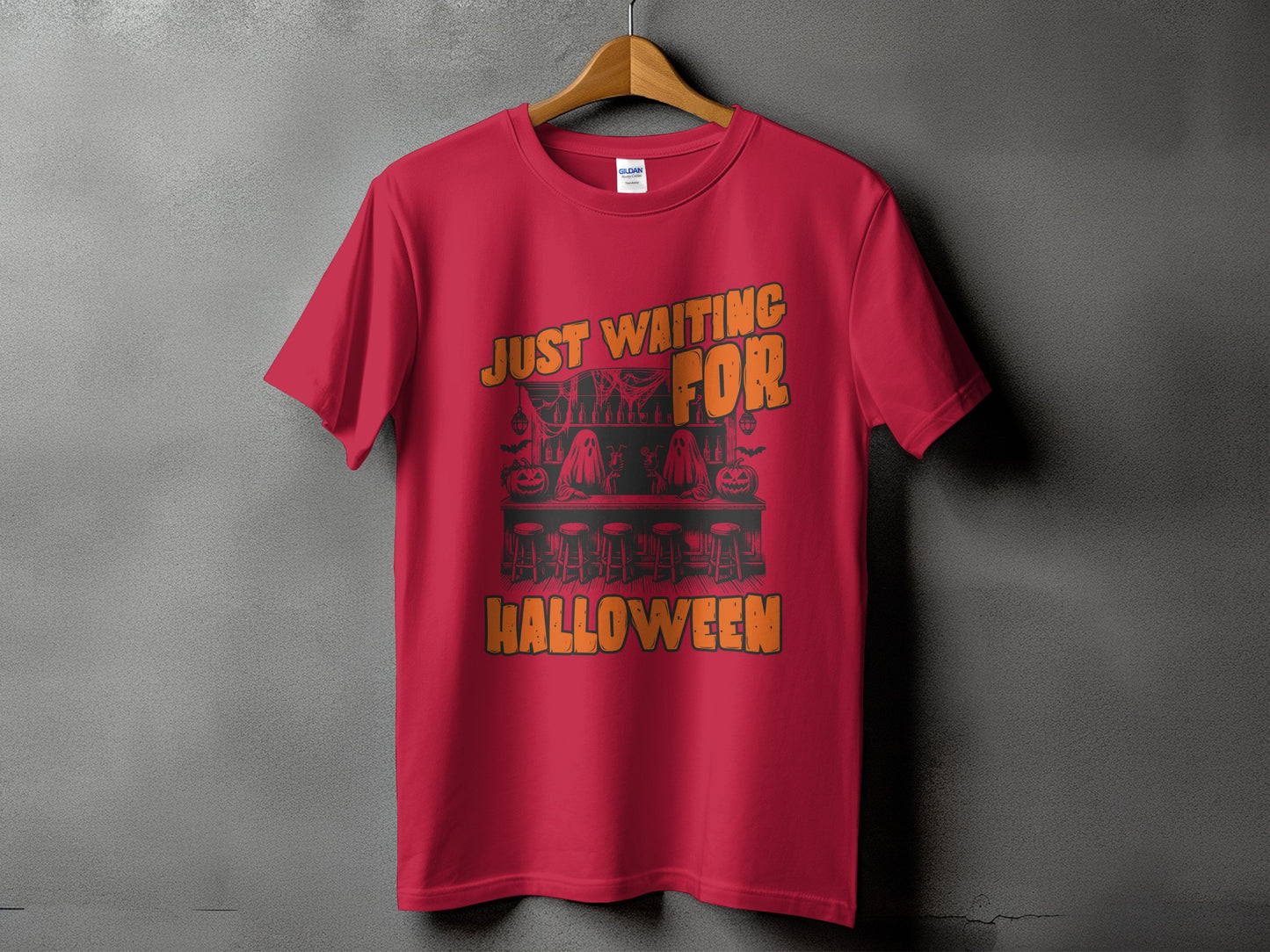 Red t-shirt with "Just Waiting For Halloween" text and Halloween graphic.